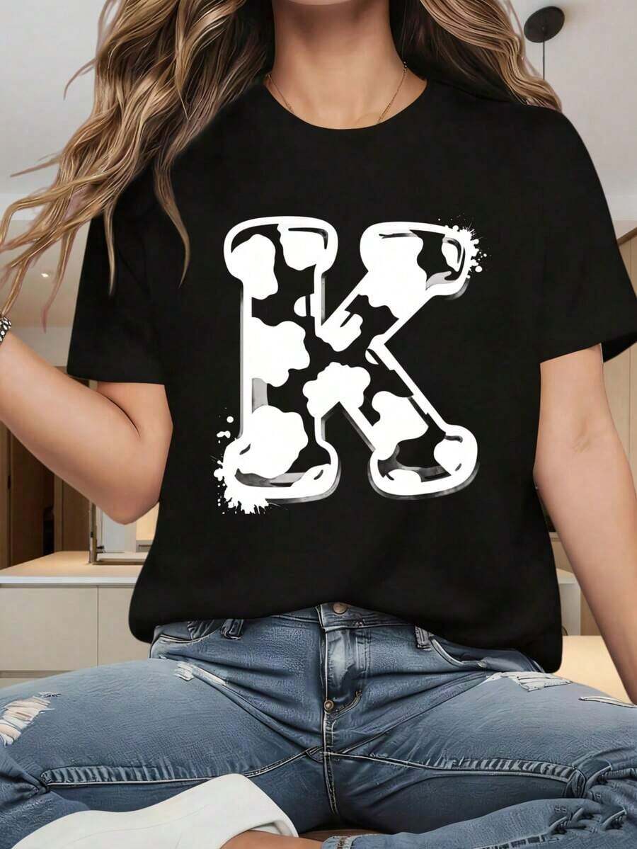Vintage Style Cotton T-Shirt With Lisbon Slogan Print, Women's Round Neck Short Sleeve T-Shirt, Graphic Print Letter K And Cow Design, Casual Black Top For Women, Fashionable Design, Summer Style Garment, Fun Print, Suitable For Christmas Parties, Sports Activities, Holiday Parties, Outings, Sports And Other Festive Gifts (220g). For Everyday Summer - 黑色 - 查看 1