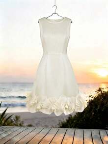 Vestido blanco elegante y casual sin mangas con volantes en el bajo para mujer - Vestido mini de unicolor elegante con cuello redondo, vestido casual de verano para invitada a boda en la playa, vestido corto con volantes y vuelo para cóctel, vacaciones, uso diario y ocasiones especiales, vestido de verano clásico blanco para mujer - Albaricoque - Ver 1