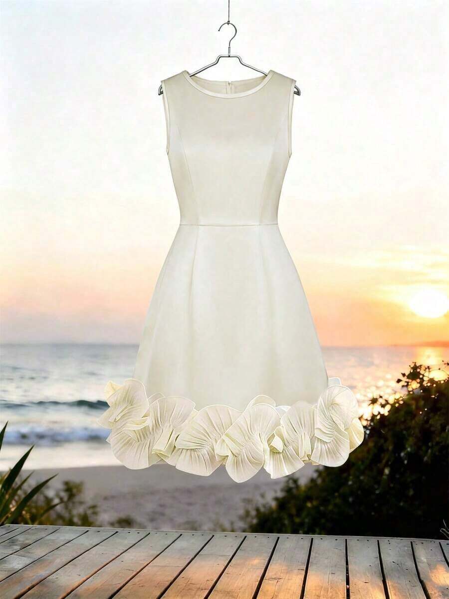 Vestido blanco elegante y casual sin mangas con volantes en el bajo para mujer - Vestido mini de unicolor elegante con cuello redondo, vestido casual de verano para invitada a boda en la playa, vestido corto con volantes y vuelo para cóctel, vacaciones, uso diario y ocasiones especiales, vestido de verano clásico blanco para mujer - Albaricoque - Ver 1