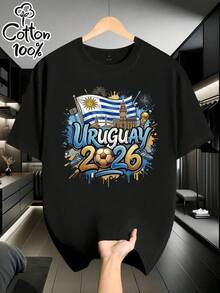 Camiseta de manga corta para hombre de la serie "URUGUAY" con estampado temático, 100% algodón puro, es una excelente opción para salidas diarias. Con un estilo casual y versátil, es el regalo perfecto para hombres, regalos de cumpleaños y regalos para festividades. - Negro - Ver 1
