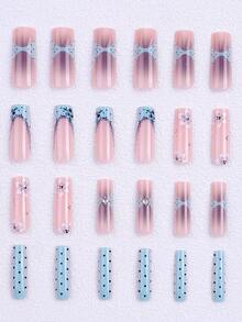 24pcs Rectangular Press-On Nail, 3D Gelnail Makes Long Square Flower Pearl Decoration Design French Tip Press On Nails Medium Gelnail Flower With Pearl Design Acrylic Fake Nail Set,Pink Nails Suitable For Woman Girl Daily Work & Rave Party Use - Multicolor - View 2