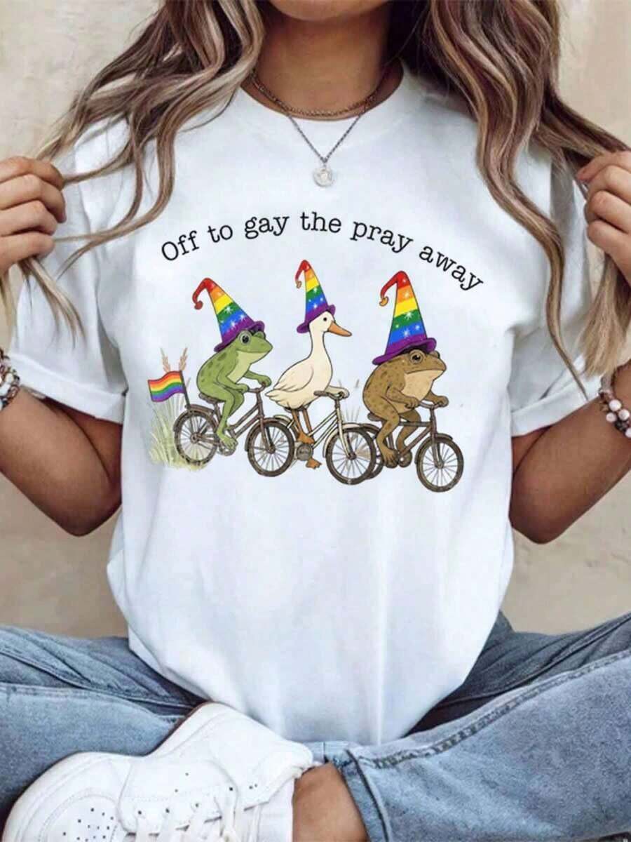 1 pieza Camiseta Pride con diseño de rana, pato y sapo montando en bicicleta, con el texto "Off To Gay The Pray Away Rainbow Hat", para mujeres, hombres, unisex, estilo casual, camiseta de moda LGBTQ, 180g, 100% algodón. - Blanco - Ver 1