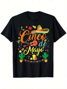 1 pieza Camiseta de Fiesta 5 de Mayo para Hombre y Mujer, Cuello Redondo, Algodón, Negra, Manga Corta, 180g, 100% Algodón - Negro - Ver 1
