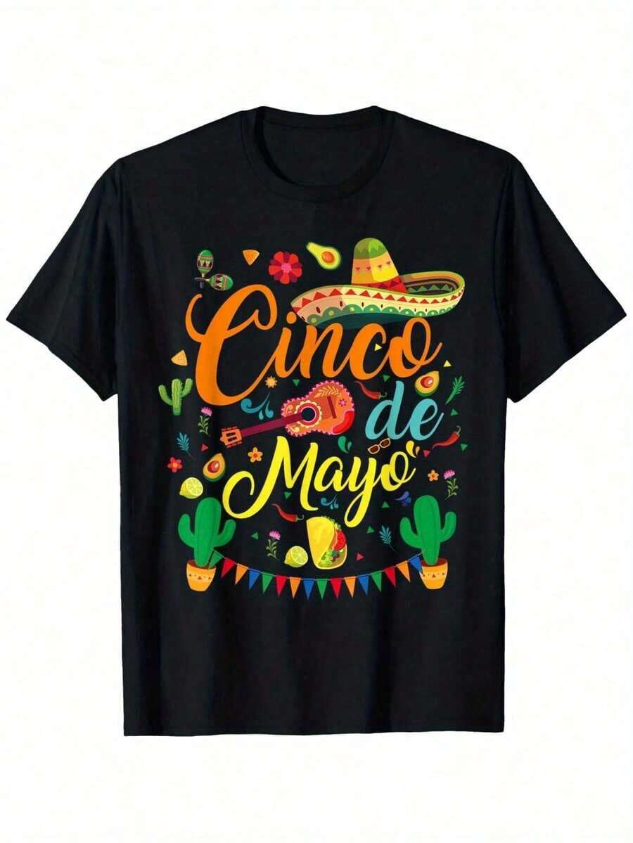 1 pieza Camiseta de Fiesta 5 de Mayo para Hombre y Mujer, Cuello Redondo, Algodón, Negra, Manga Corta, 180g, 100% Algodón - Negro - Ver 1