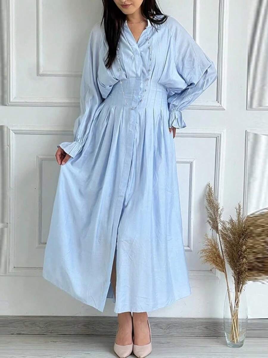 Vestido largo liso primavera nuevo ajustado con botones cintura definida elegante estilo europeo moda femenina - Azul - Ver 1