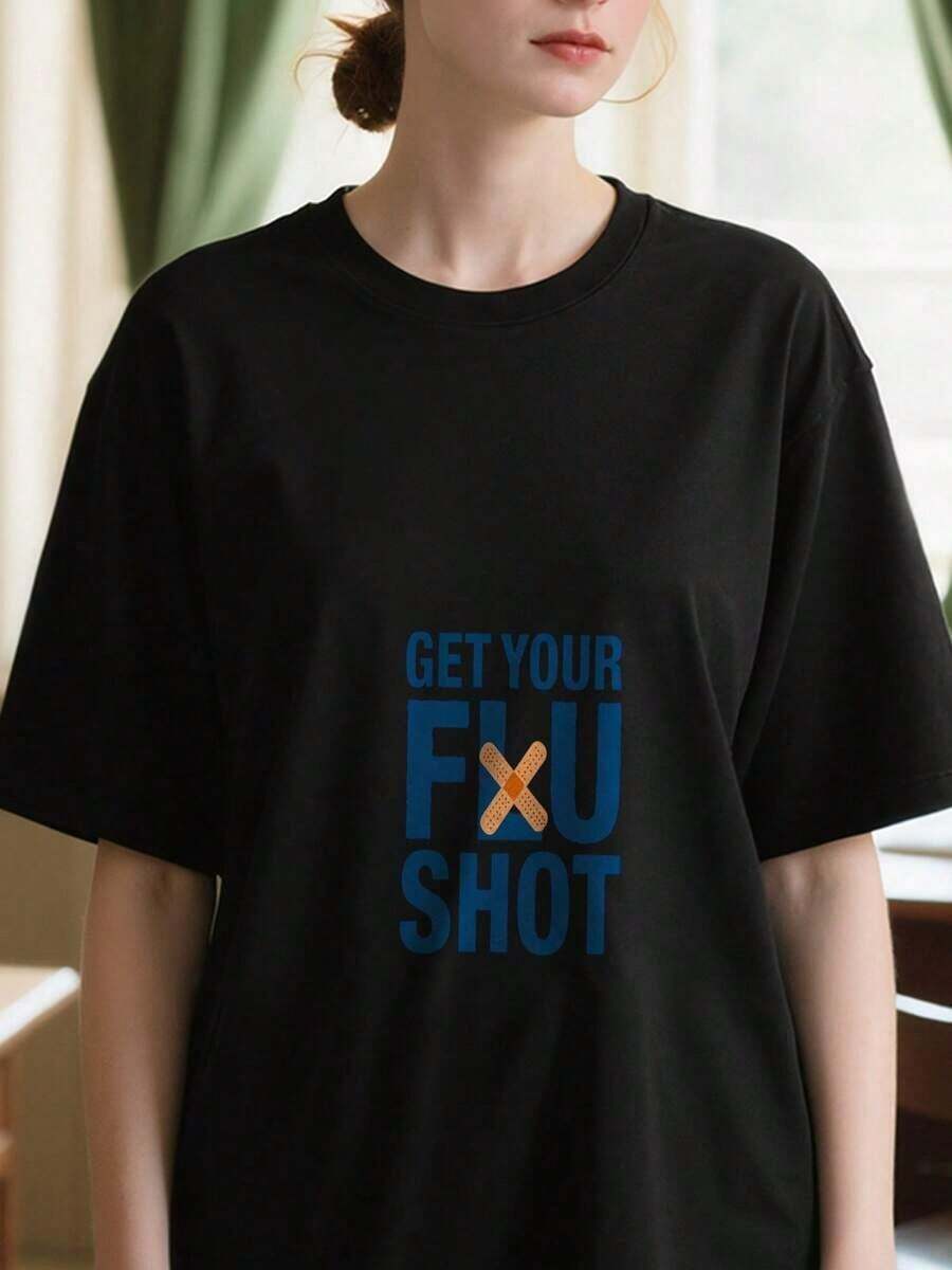 Camiseta de manga corta de algodón puro suave con diseño de recordatorio de vacunación contra la gripe. Adecuado como regalo.playera de mujer.blusas>elegante.boho chic,Top de mujer suave, transpirable y cómodo, ideal para primavera, verano y otoño, perfecto para vacaciones, viajes y uso diario. - Negro - Ver 1