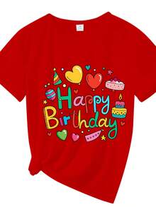 Simple And Versatile Design, One-Piece T-Shirt For Summer And Autumn With Round Neck - Party Print With Birthday Cake And Balloons, Women's Round Neck T-Shirt, Autumn Clothing Suitable For Running And Sports, Fashionable, Elegant, Unique, Fun, Elegant Dress For Parties, Graduations, Y2K Style, Unisex Set For Couples, Set For Sisters, Suitable For Gifts, Cotton T-Shirt. - 紅色 - 查看 2