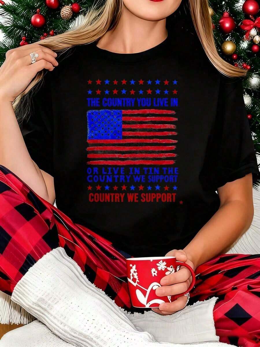 Camiseta de poliéster de manga corta y cuello redondo para mujer | Diseño Patriótico de la Bandera de Estados Unidos con Estampado de Estrellas y Rayas | Para la Celebración del Día de la Independencia y el Orgullo Nacional | Apoya el país en el que vives o el país que apoyamos. Playeras de mujer con eslogan. - Negro - Ver 1