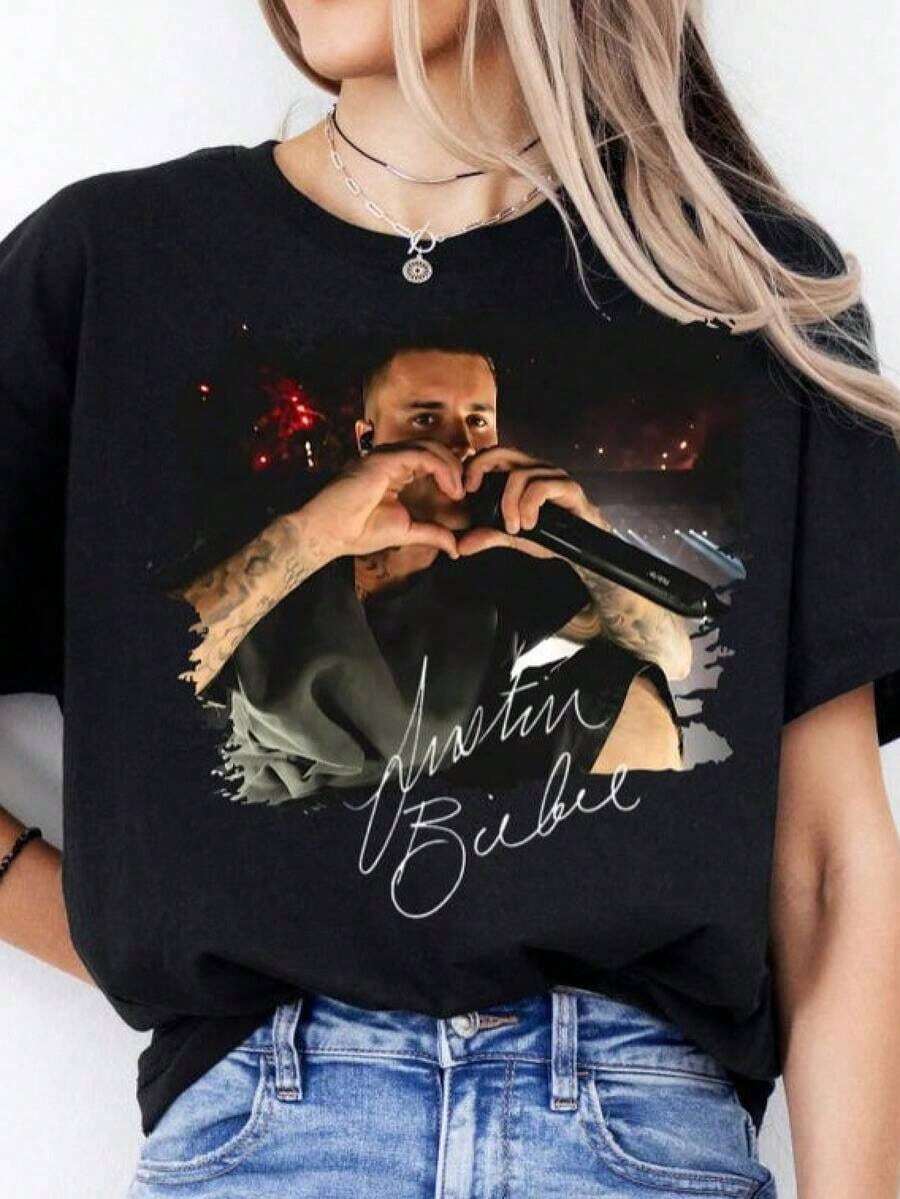 ropa de mujer Camiseta cómoda con estampado de corazones, Camiseta para el festival de música Bieberchella 2026 Coachella, Camiseta de regalo para fans de la música pop vintage camisas de mujer - Negro - Ver 1