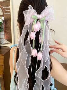 1個女款甜美仙女大蝴蝶結髮夾，百搭芭蕾風鬱金香花朵網紗蝴蝶結髮飾，優雅高級髮飾，適合節日或日常使用，髮梳髮夾 - 彩色 - 查看 8