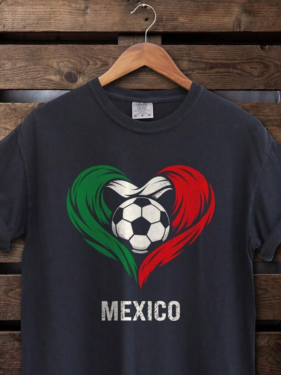 Camiseta de Fútbol con la Bandera de México y Corazón, Camiseta de Fútbol Vintage de Colores Cómodos, Regalo para Fanáticos del Fútbol, Ropa para el Día del Partido - Negro - Ver 1