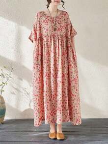 Vestido de playa estilo bohemio casual para tallas grandes, con estampado de lunares, cuello de solapa, hombros caídos, mangas cortas y en color rojo.Ideal para el verano. - Rosa - Ver 6