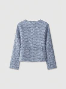 Women's Long Sleeve Metal Button Design Elegant Belted Tweed Jacket Vacation - Blue - View 2