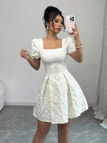 Women's Dress With Puff Sleeves And Square Neck, Fashionable For Summer - 白色 - 查看 12