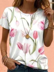 Camiseta casual de mujer de cuello redondo blanca con estampado de tulipanes, de ajuste holgado y manga corta, para uso casual, vacaciones y uso diario - Blanco - Ver 2