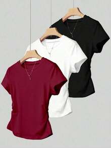 3 Piezas de Camisetas de Mujer, Casuales y Versátiles de unicolor, Manga Corta, Adecuadas para el Verano - Multicolor - Ver 1