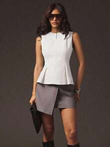 Blusa estructurada sin mangas con cremallera frontal y volante, para uso casual en la oficina - Blanco - Ver 4