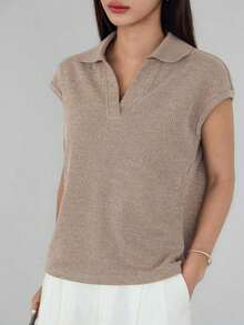 -Less Camiseta informal de manga corta con parches de unicolor para mujeres, estilo casual de negocios de verano - Marrón - Ver 6