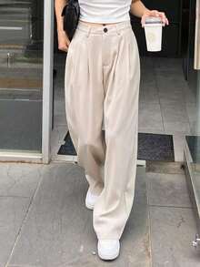 Pantalones rectos plisados de unicolor para mujer, pantalones de vestir casuales de otoño - Beis - Ver 7
