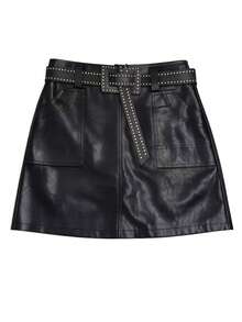 Women's Faux Leather Skirt With Belt, Pearls, And Slit, Elegant, For Vacation. - 黑與白 - 查看 1