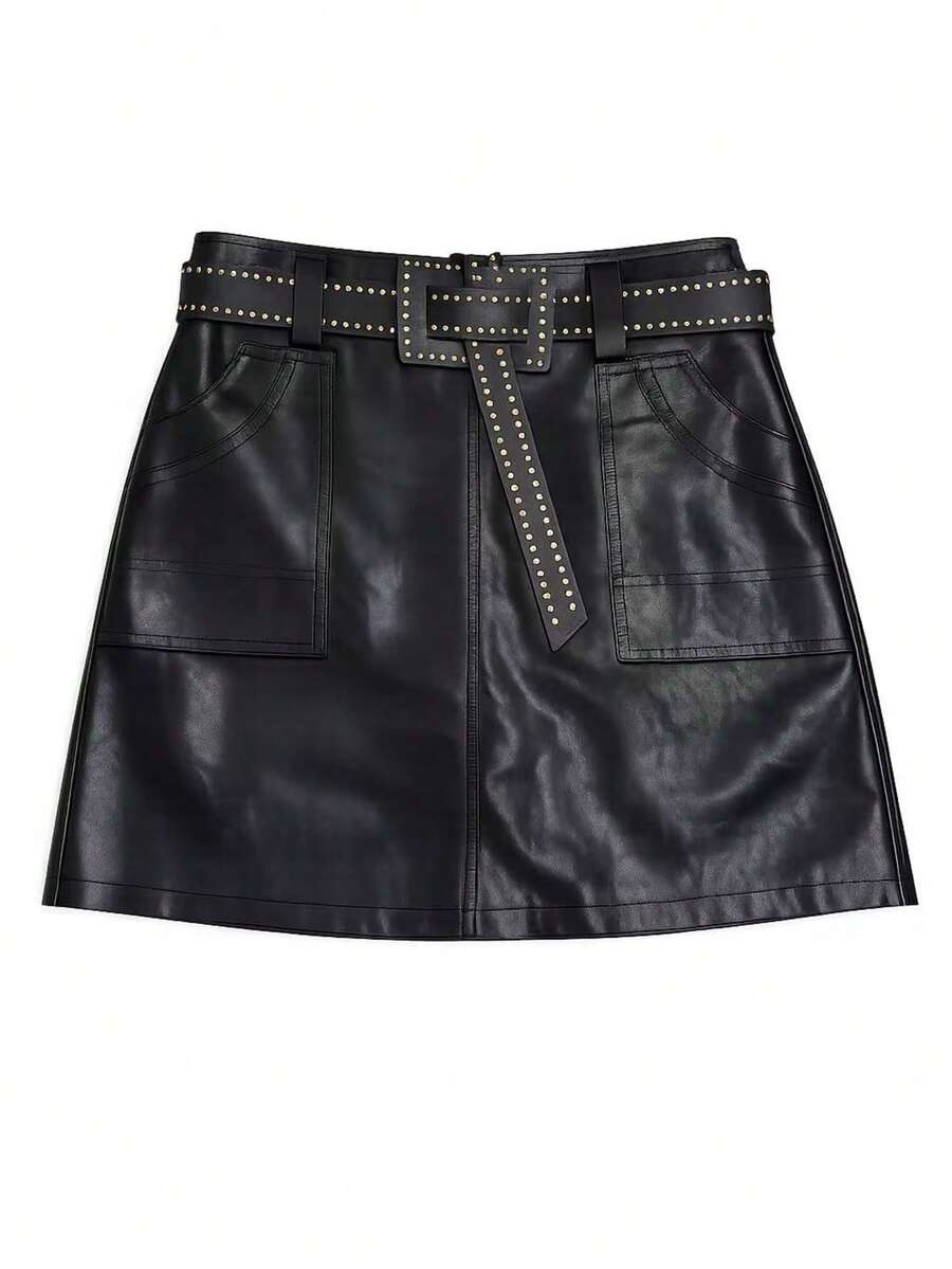 Women's Faux Leather Skirt With Belt, Pearls, And Slit, Elegant, For Vacation. - 黑與白 - 查看 1