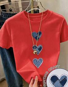 Camiseta con estampado de camisa casual para mujer, manga corta y cuello redondo, moda urbana local de primavera/verano.-Vintage Street Style Unisexoose Cotton Short Sleeve Crew Neck T-Shirt - Rojo - Ver 9
