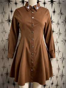 Sunspun Vestido de mujer de manga larga marrón tejido con bordados, otoño/invierno - Multicolor - Ver 3