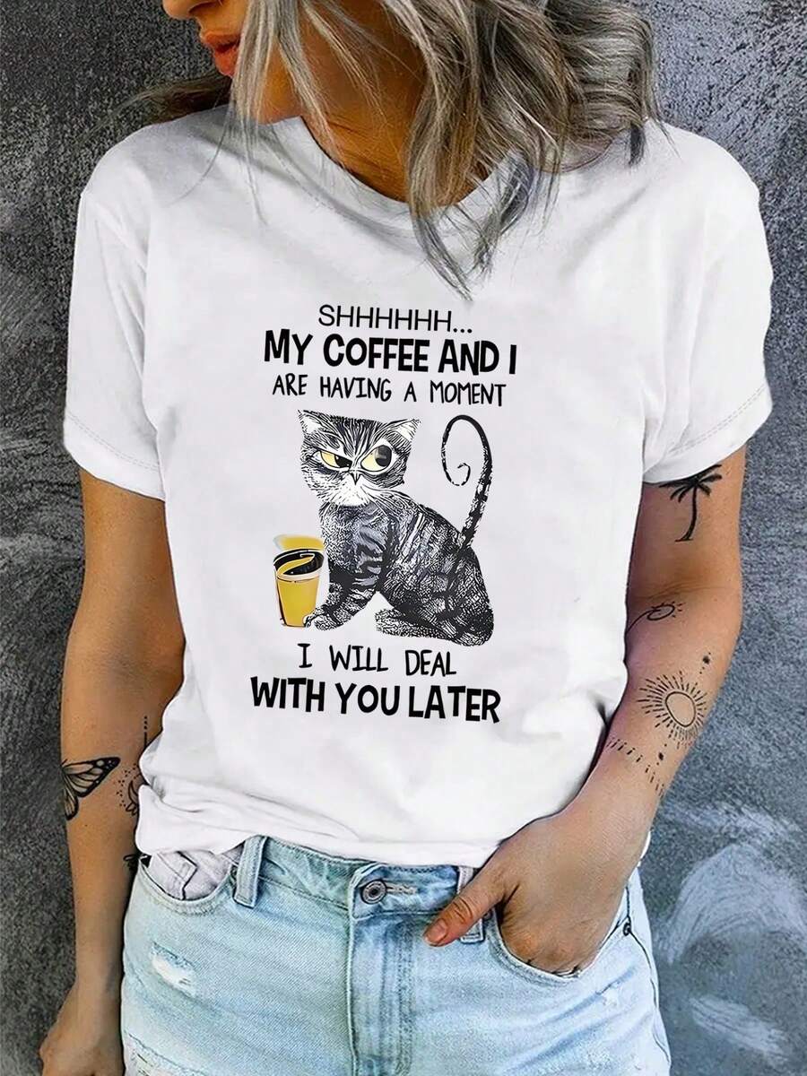 Women's T-shirt Top de manga corta para mujer, estampado con temática de gatos de verano, corte ajustado y cuello redondo, a la moda. - Blanco - Ver 1