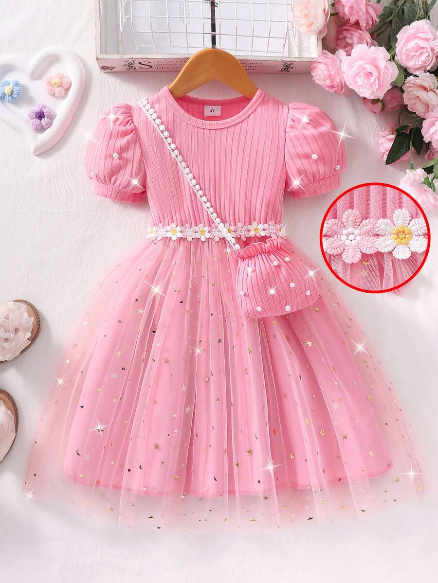Gaun Anak Perempuan Balita Lengan Pendek Warna Pink dengan Detail Ribbed dan Jala + Gaun Rajut Lengan Mengembang + Tas Mini Berhiaskan Mutiara, Cocok untuk Pesta Ulang Tahun dan Acara Lainnya - Berwarna merah muda - View 1