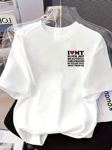 Camiseta estampada de manga corta con diseños en la parte delantera y trasera - Amo a mi novia, novia súper guapa - Camiseta estampada de moda para mujer, primavera/verano, ¡tu mejor elección!100% Algodón - Blanco - Ver 3