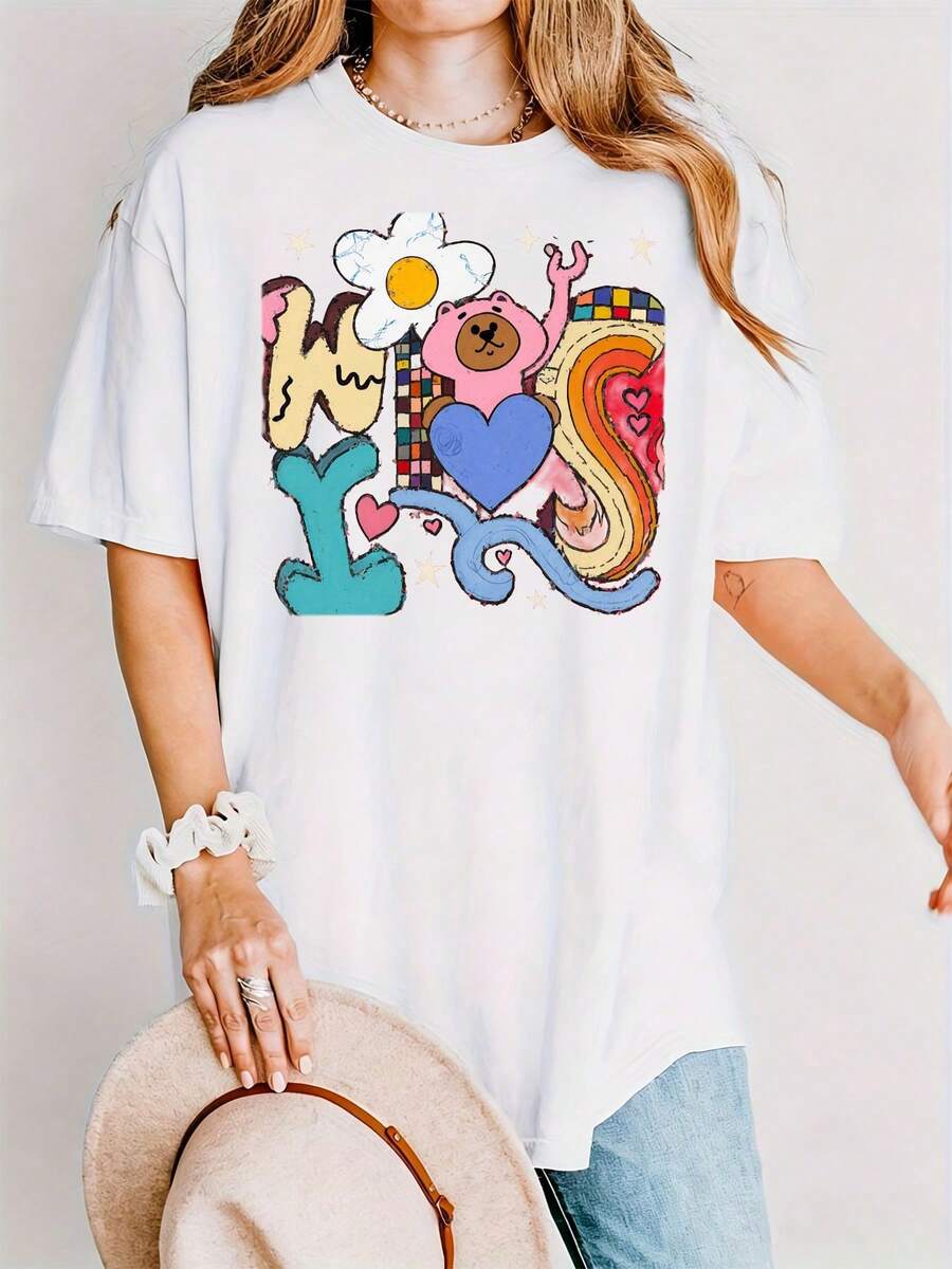 Camiseta holgada estampada de colores para mujer - Camiseta negra de manga corta con estampado de oso de dibujos animados, margarita, estrella, corazón y espiral, estilo casual de manga corta para el verano, festival deúsica, ropa retro Y2K - Top suave, transpirable y holgado, regalo perfecto para el cumpleaños de novias - Camiseta unisex de algodón holgada de manga corta y cuello redondo, estilo vintage urbano. - Blanco - Ver 1
