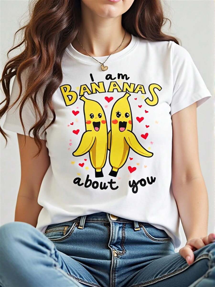 1 pieza de camiseta para mujer con estampado de plátanos I'Crazy About You - Camiseta casual de verano suave y transpirable, con estampados de corazones y plátanos, cuello redondo y mangas cortas, adecuada para actividades al aire libre - Camiseta unisex de algodón holgada de estilo vintage urbano con cuello redondo y manga corta. - Blanco - Ver 1