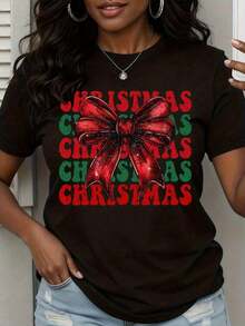 Camiseta con Estampado de Lazo Navideño para Mujer, Diseño Festivo con la Palabra Navidad en Rojo y Verde, Camiseta Blanca Casual - Estilo Vintage Urbano, Unisex, de Algodón, Manga Corta, Cuello Redondo, 100% Algodón - Negro - Ver 1
