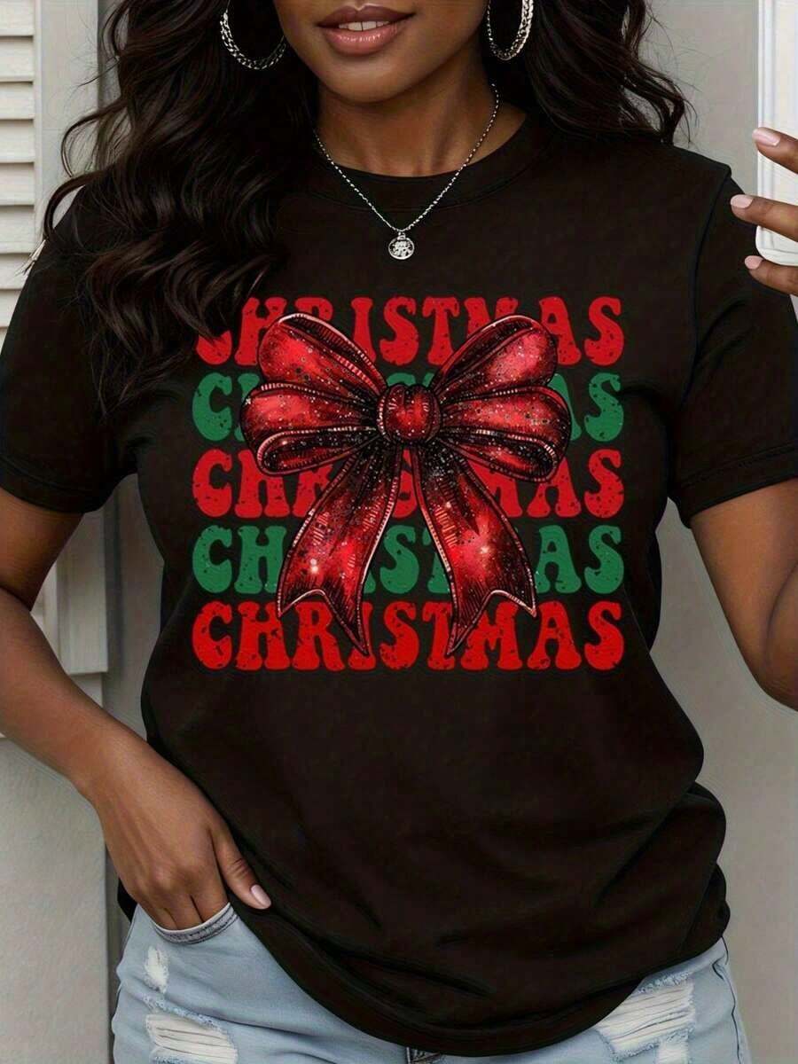 Camiseta con Estampado de Lazo Navideño para Mujer, Diseño Festivo con la Palabra Navidad en Rojo y Verde, Camiseta Blanca Casual - Estilo Vintage Urbano, Unisex, de Algodón, Manga Corta, Cuello Redondo, 100% Algodón - Negro - Ver 1