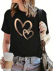 Camiseta clásica de algodón con diseño de corazones dorados, ideal para mujeres modernas y ocasiones casuales, disponible en tallas S, M, L, XL y en color negro, ropa de mujer,  de moda. - Negro - Ver 8
