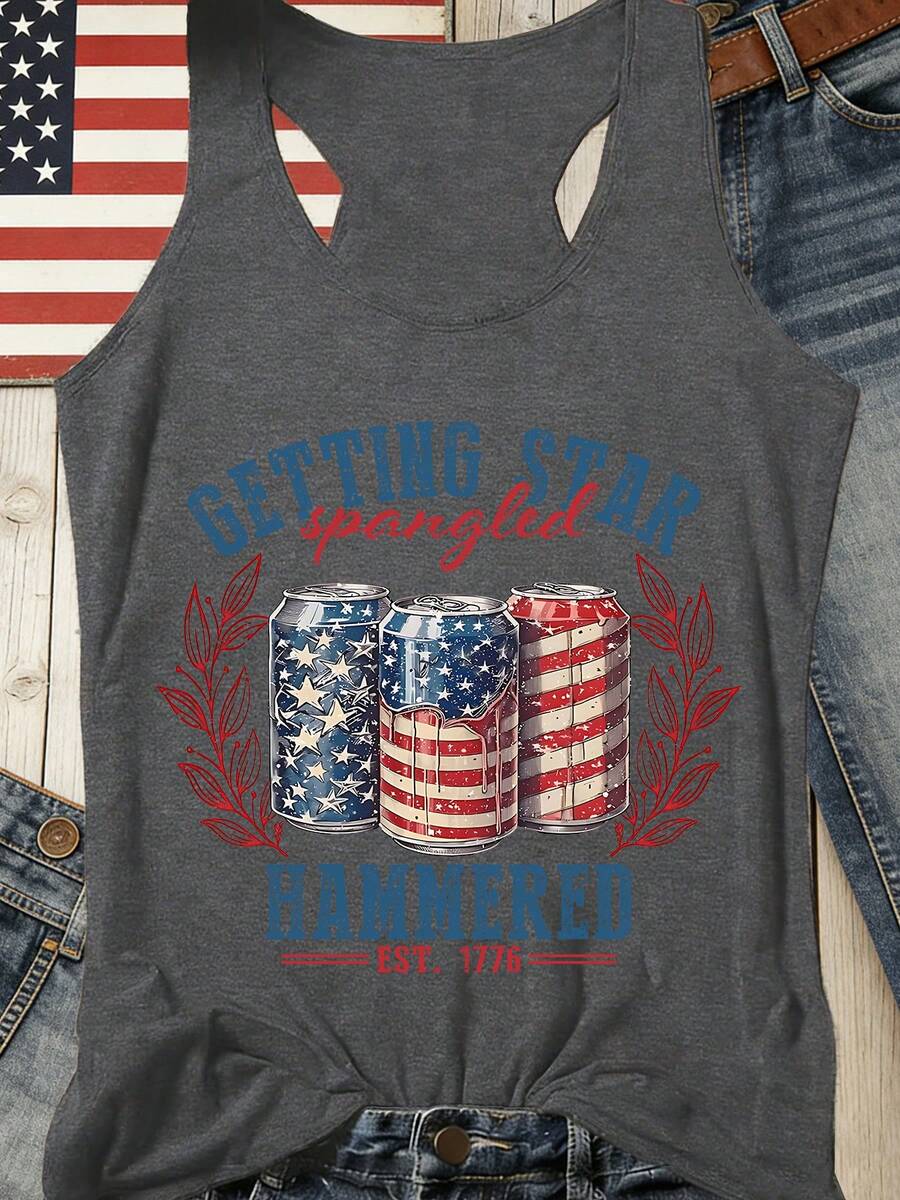 Fexia 180g Vest Casual American Flag Design Women's Tank Top With Beer Cans And Patriotic Print For Independence Day Celebration Adult Size - 深灰色 - 查看 1