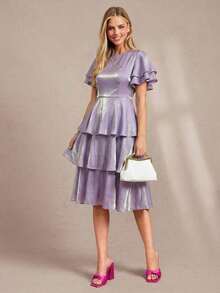 Vestido de mujer de unicolor con volantes en el bajo y capas - Morado - Ver 1