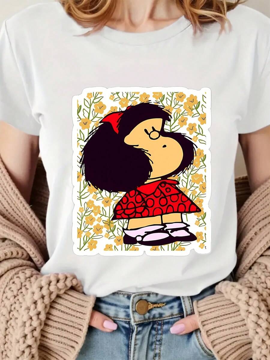 Camiseta deportiva de manga corta y cuello redondo a para mujer, con estampado de dibujos animados, acentos de fondo con flores amarillas y un estilo lindo y divertidoDaily Casual Round Neck Short Sleeve-Shirt Women - Blanco - Ver 1