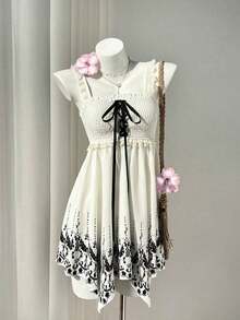 Vestido de mujer con estampado floral de teñido anudado y dobladillo asimétrico - Negro - Ver 4
