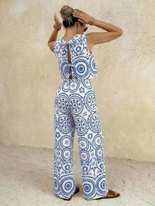 Frenchy Conjunto de 2 piezas de top de tirantes y pantalones de unicolor casual para vacaciones de mujer - Azul y blanco - Ver 8