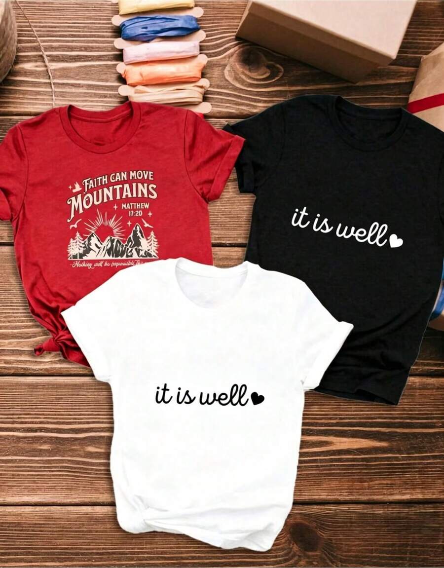 3 Artículo de moda: Camiseta casual de manga corta para mujer, con estampados de "La fe puede mover montañas", "Todo está bien", "Todo está en orden", camiseta de manga corta con cuello redondo para mujer, top deportivo casual de algodón puro y transpirable, regalo para vacaciones, Mariposa de Primavera, Pascua, camiseta para mujer. - Negro - Ver 1