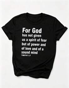 Artículo de moda: 3 camiseta casual de manga corta para mujer, estampada con la frase "Porque Dios nos ha dado no un corazón tímido, sino un corazón fuerte, amante y cauteloso." Camiseta de mujer de manga corta con cuello redondo, de algodón puro, transpirable, estilo casual deportivo, regalo para vacaciones, camiseta para mujer. - Negro - Ver 2