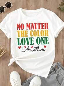 Camiseta Casual para Mujer con Estampado de Arcoíris "Love One Another" para Uso Diario y Día de San Valentín - Blanco - Ver 2