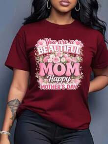 1 pieza. Esta camiseta para el Día de la Madre presenta un diseño floral y el mensaje 'Eres una madre hermosa, feliz Día de la Madre'. Esta camiseta casual de manga corta y cuello redondo es una forma ideal de honrar a las madres. Adecuado tanto para hombres como para mujeres. 180g Algodón 100%. - Negro - Ver 6