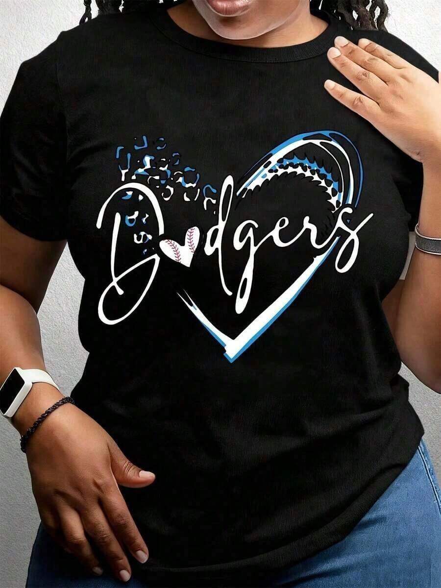 Fashion NEW1 pieza de camiseta para mujer con diseño de corazón de los Dodgers, estampado de béisbol, suave y cómoda, 180g, 100% algodón suave.-Vintage Street Style Unisex Loose Cotton Short Sleeve Crew Neck T-Shirt - Negro - Ver 1