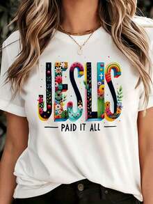 Camiseta de Verano "Faith" con Estampado Floral Colorido, Camiseta de Manga Corta, Adecuada para Pascua y la Pentecostés, Artesanía Americana, Moda de Verano, Ropa Fresca de Verano para Mujer - Blanco - Ver 5