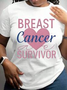 100% algodón, camiseta de mujer, talla grande, camiseta para sobrevivientes de cáncer de mama, diseño de corazón rosa sobre fondo negro y texto, ideal para generar conciencia y apoyar a las mujeres afectadas por el cáncer de mama. - Blanco - Ver 8