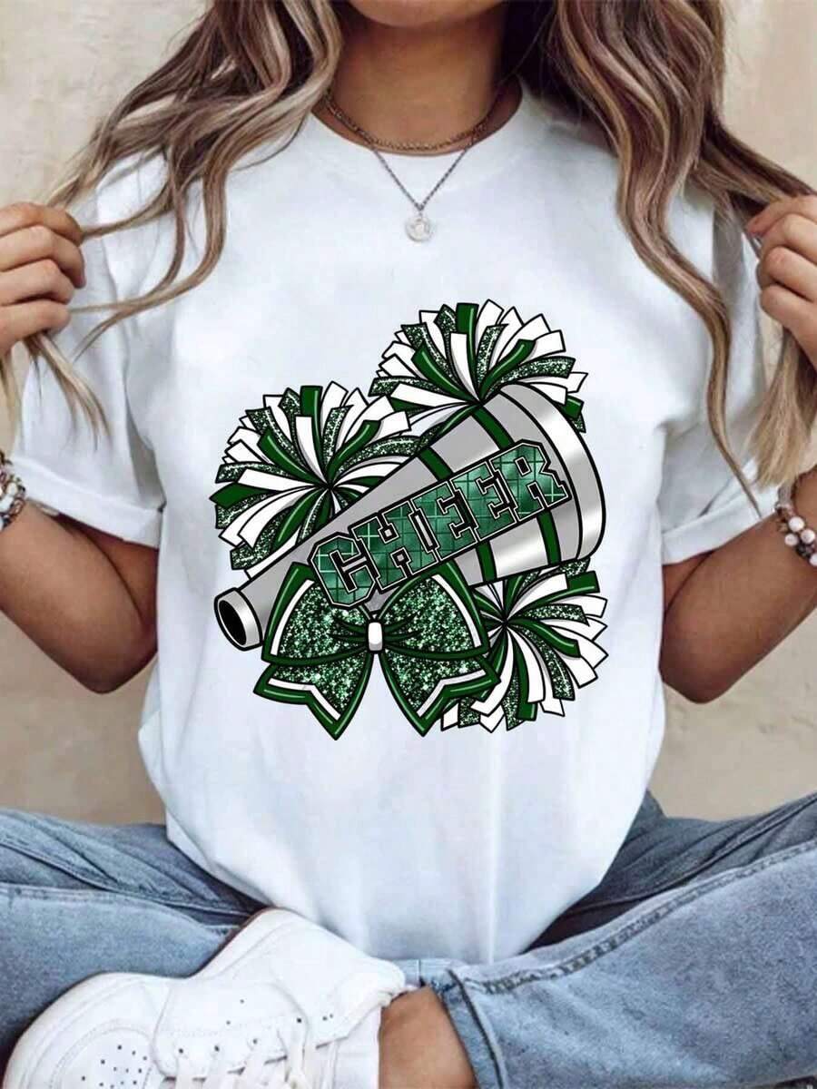 1 camiseta de animadora con diseño de pompones verdes y megáfono para eventos de animación y ropa de espíritu de equipo, 180g 100% algodón. - Blanco - Ver 1