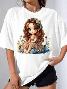 Camiseta Blanca para Mujer con Estampado de Niña Linda con Flores y Ojos Azules, Ropa Casual de Verano, Top de Moda para Fiesta al Aire Libre, Camiseta Estampada Informal de Algodón Puro - Negro - Ver 3