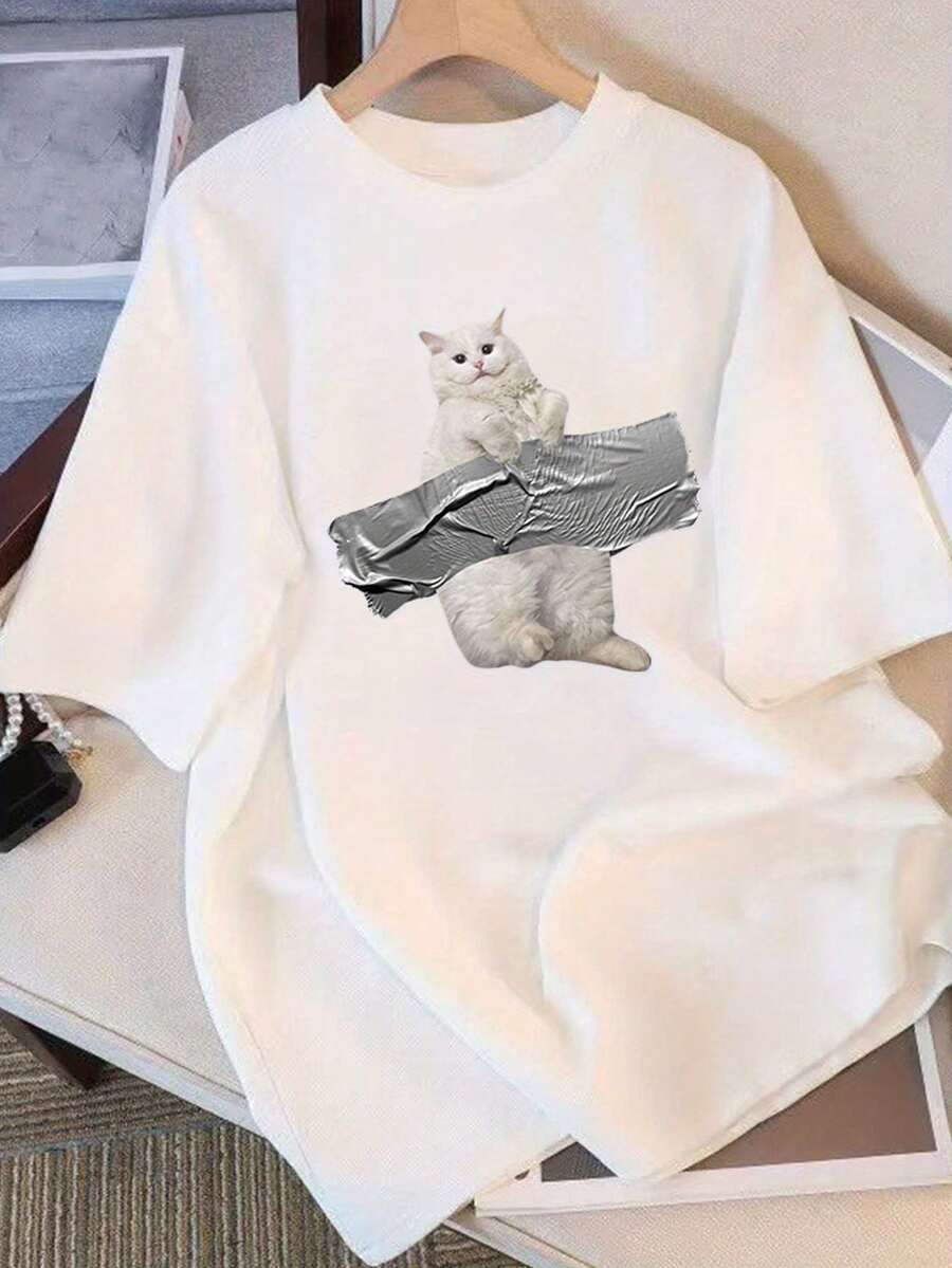 Camiseta de verano de algodón puro, holgada, de cuello redondo, versátil, cómoda y casual para mujer, juvenil y a la moda, blusa de manga corta para uso diario. - Blanco - Ver 1